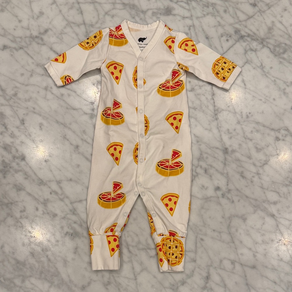 Monica and Andy White Kids One-Piece Romper with Pizza